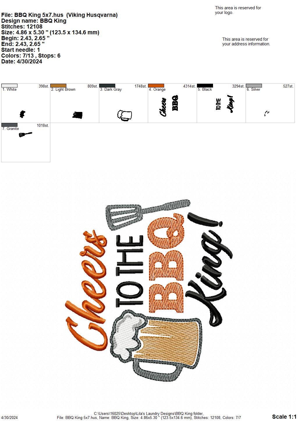 BBQ King - 4 Sizes - Digital Embroidery Design