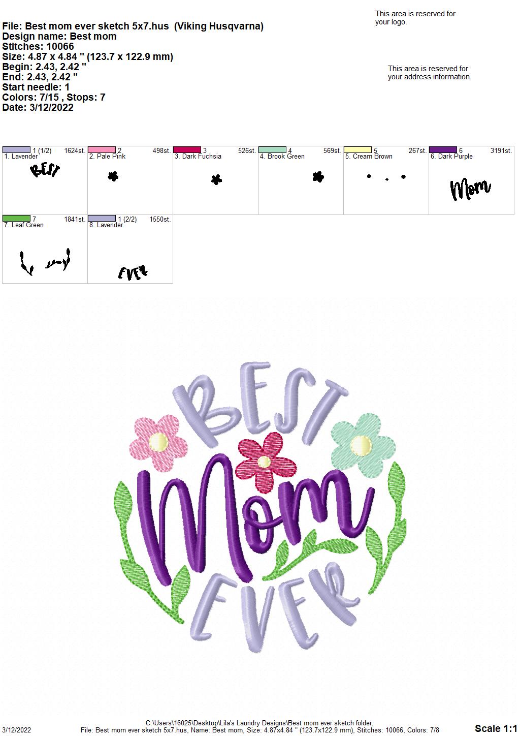 Best Mom Ever Sketch - 3 sizes- Digital Embroidery Design