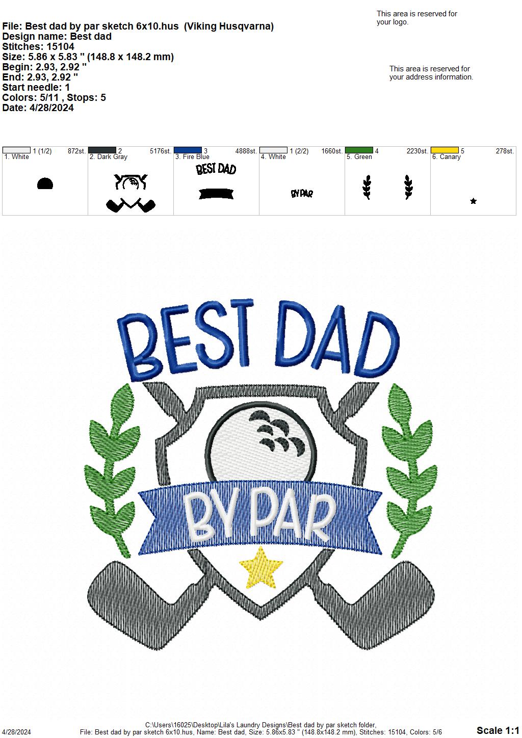 Best Dad By Par Sketch - 4 Sizes - Digital Embroidery Design