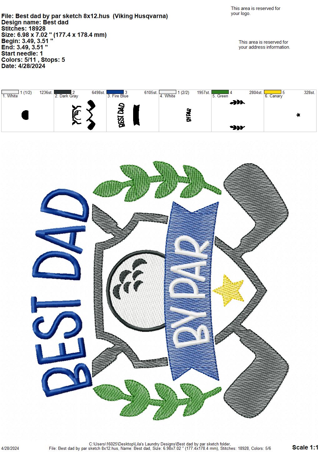 Best Dad By Par Sketch - 4 Sizes - Digital Embroidery Design