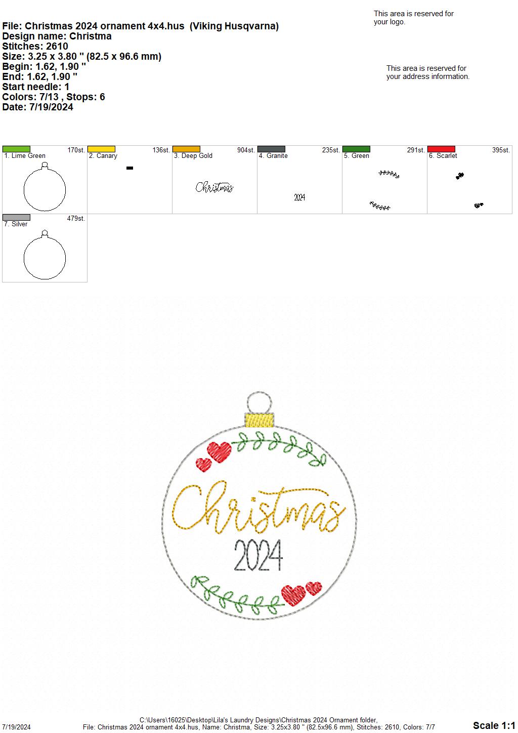 Christmas 2024 Ornament Digital Embroidery Design Lila's Laundry