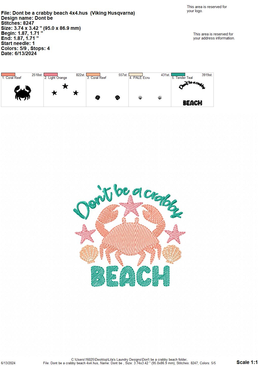 Don't Be A Crabby Beach - 4 Sizes - Digital Embroidery Design