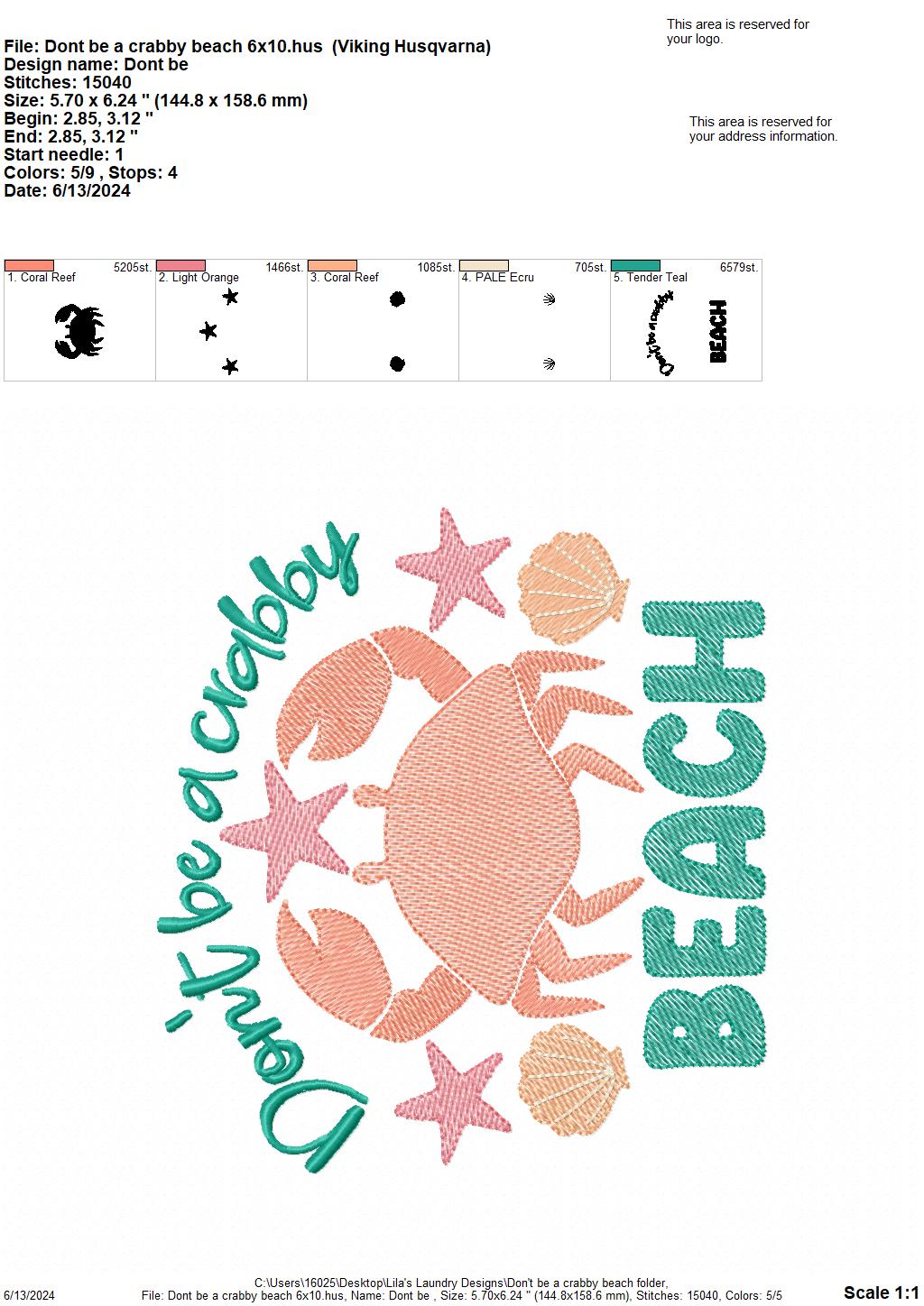 Don't Be A Crabby Beach - 4 Sizes - Digital Embroidery Design