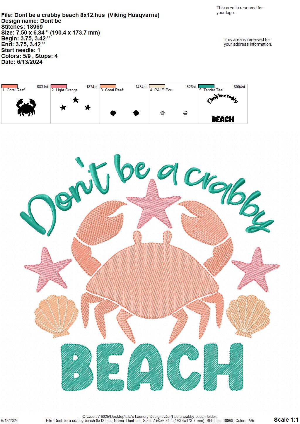 Don't Be A Crabby Beach - 4 Sizes - Digital Embroidery Design