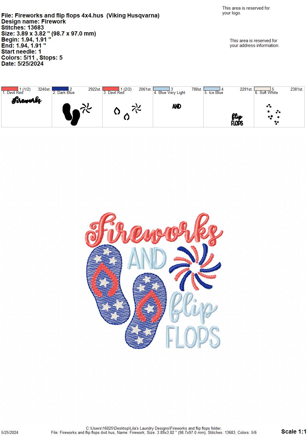 Fireworks and Flip Flops - 4 Sizes - Digital Embroidery Design