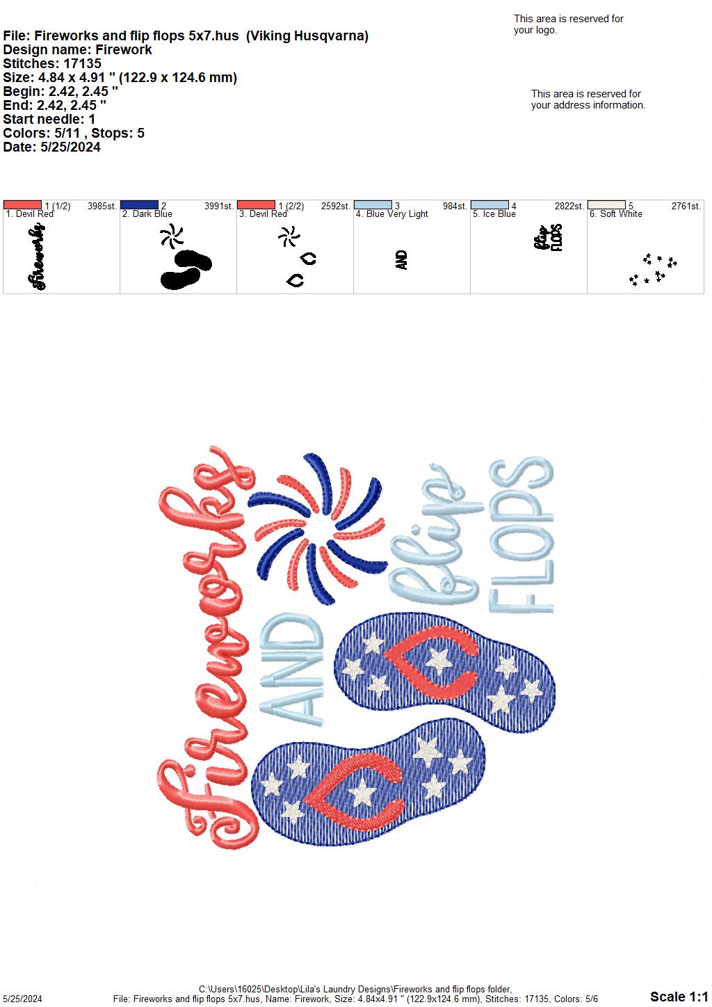 Fireworks and Flip Flops - 4 Sizes - Digital Embroidery Design