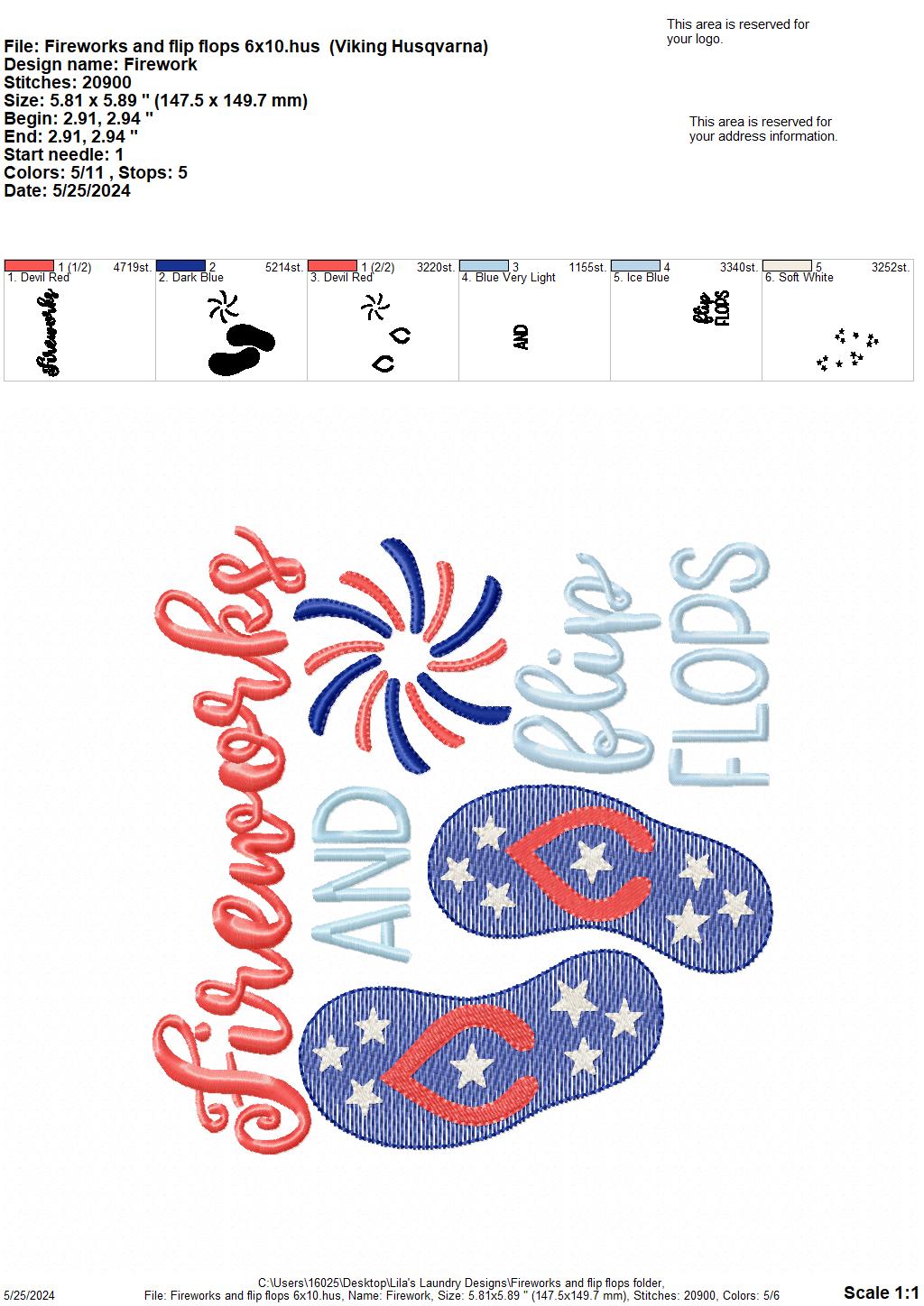 Fireworks and Flip Flops - 4 Sizes - Digital Embroidery Design