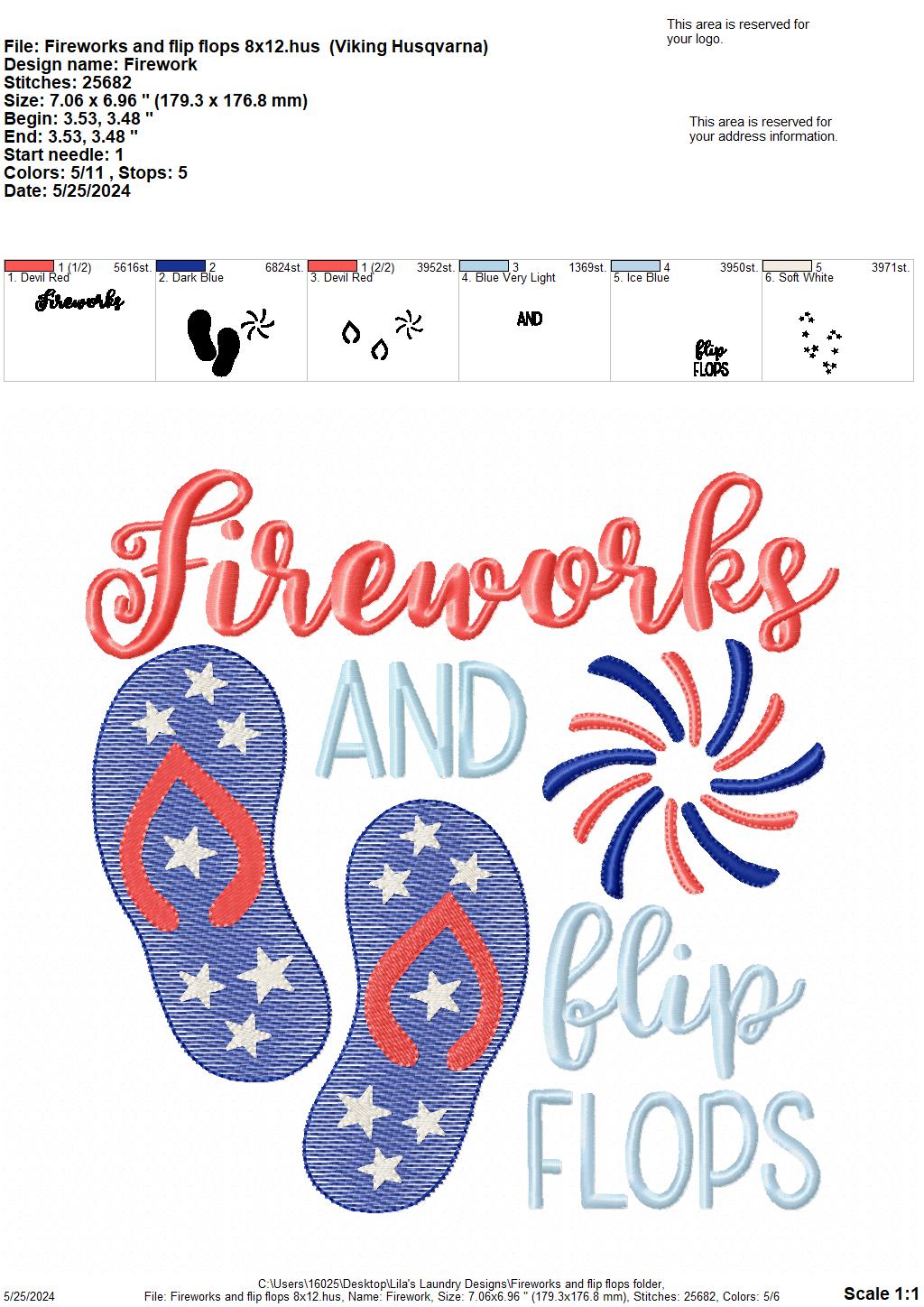 Fireworks and Flip Flops - 4 Sizes - Digital Embroidery Design