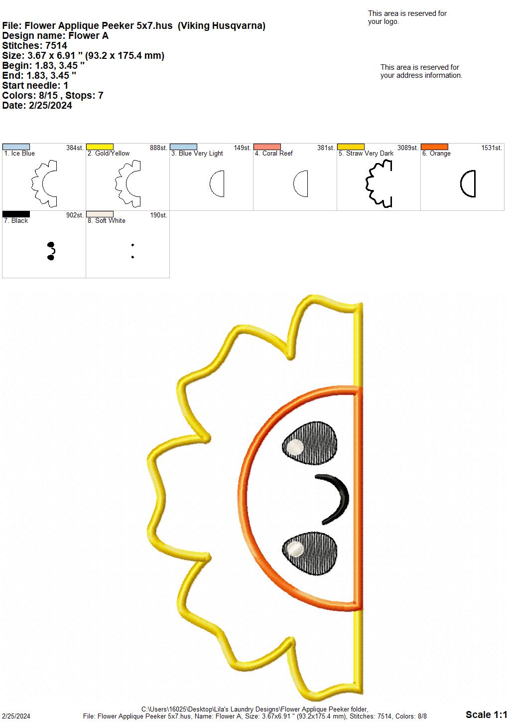 Flower Applique Peeker - 5x7 - Digital Embroidery Design