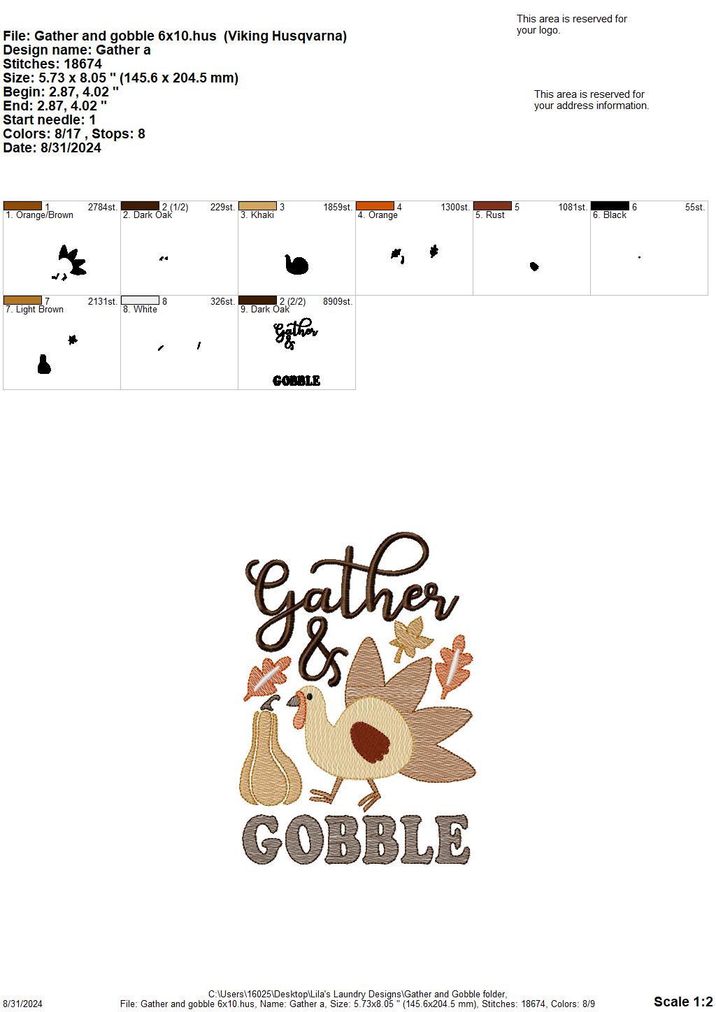 Gather and Gobble - 3 Sizes - Digital Embroidery Design