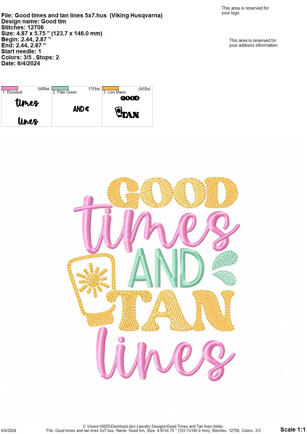 Good Times and Tan Line - 4 Sizes - Digital Embroidery Design