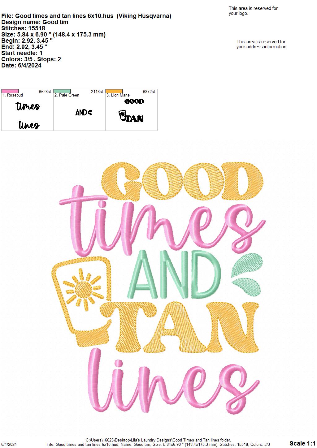 Good Times and Tan Line - 4 Sizes - Digital Embroidery Design