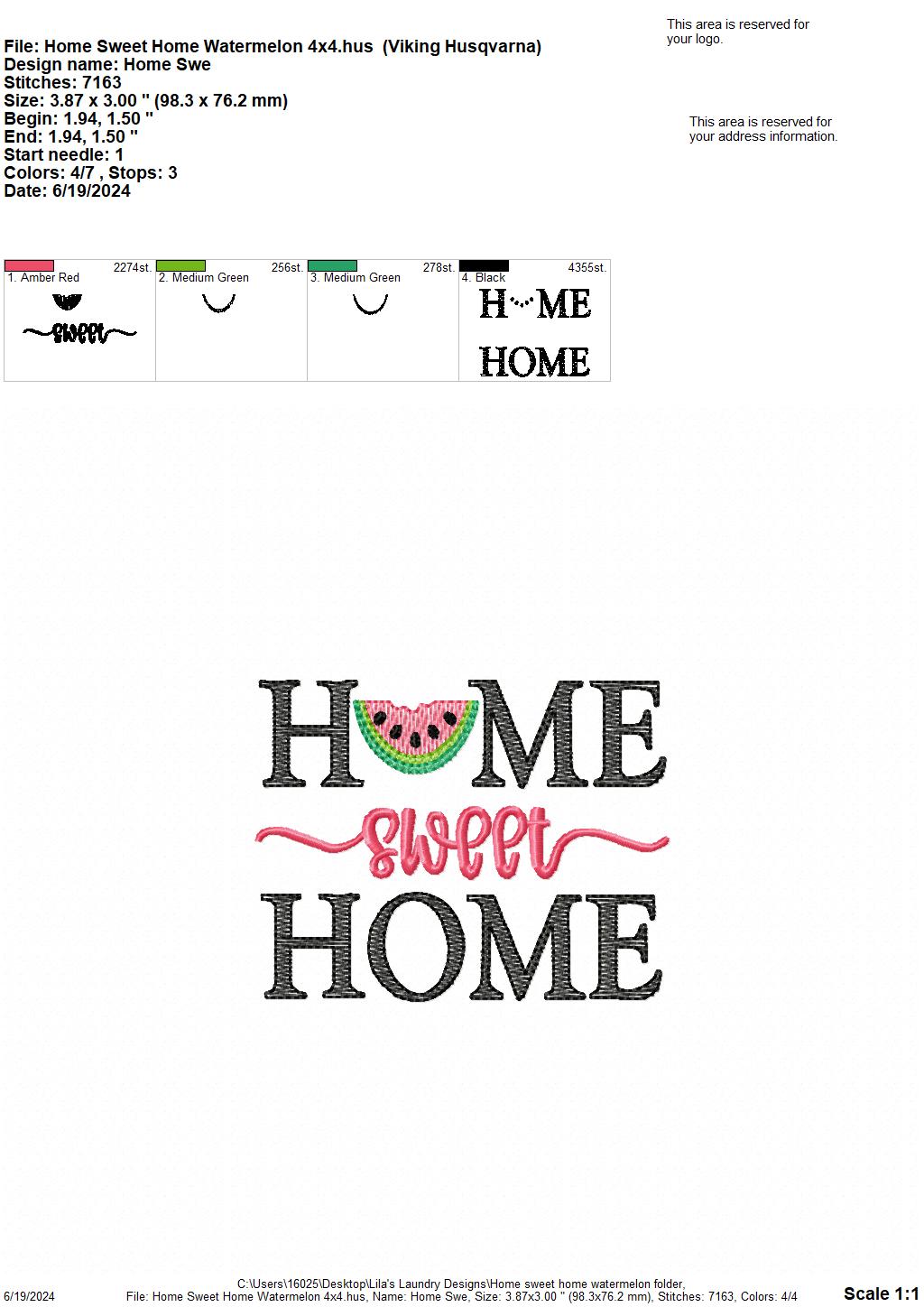 Home Sweet Home Watermelon - 4 Sizes - Digital Embroidery Design