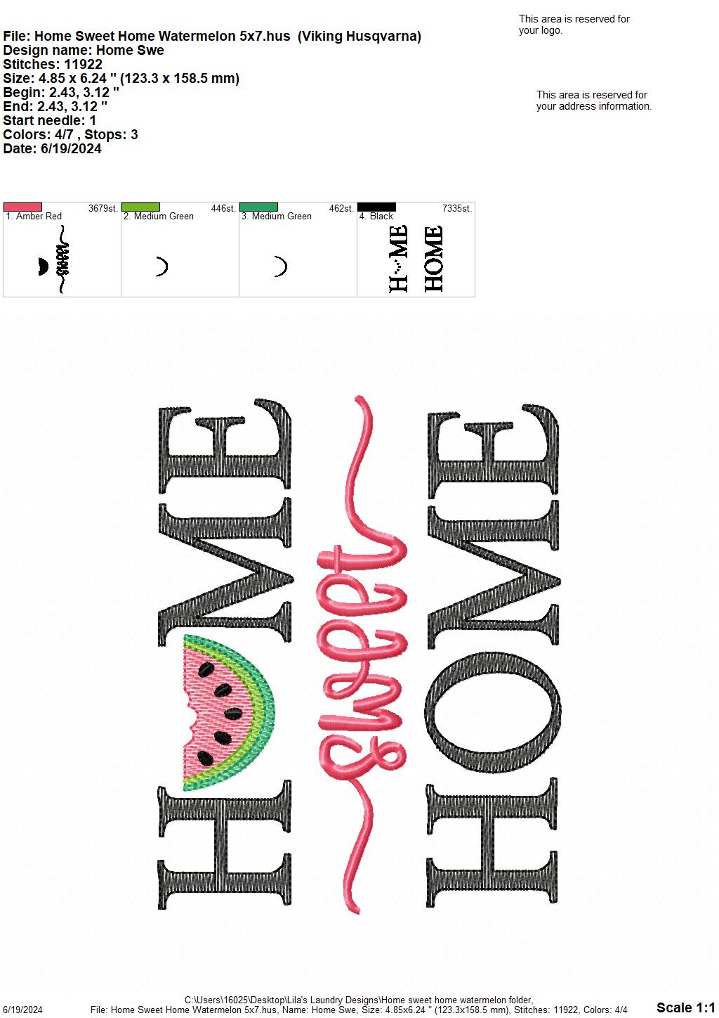 Home Sweet Home Watermelon - 4 Sizes - Digital Embroidery Design