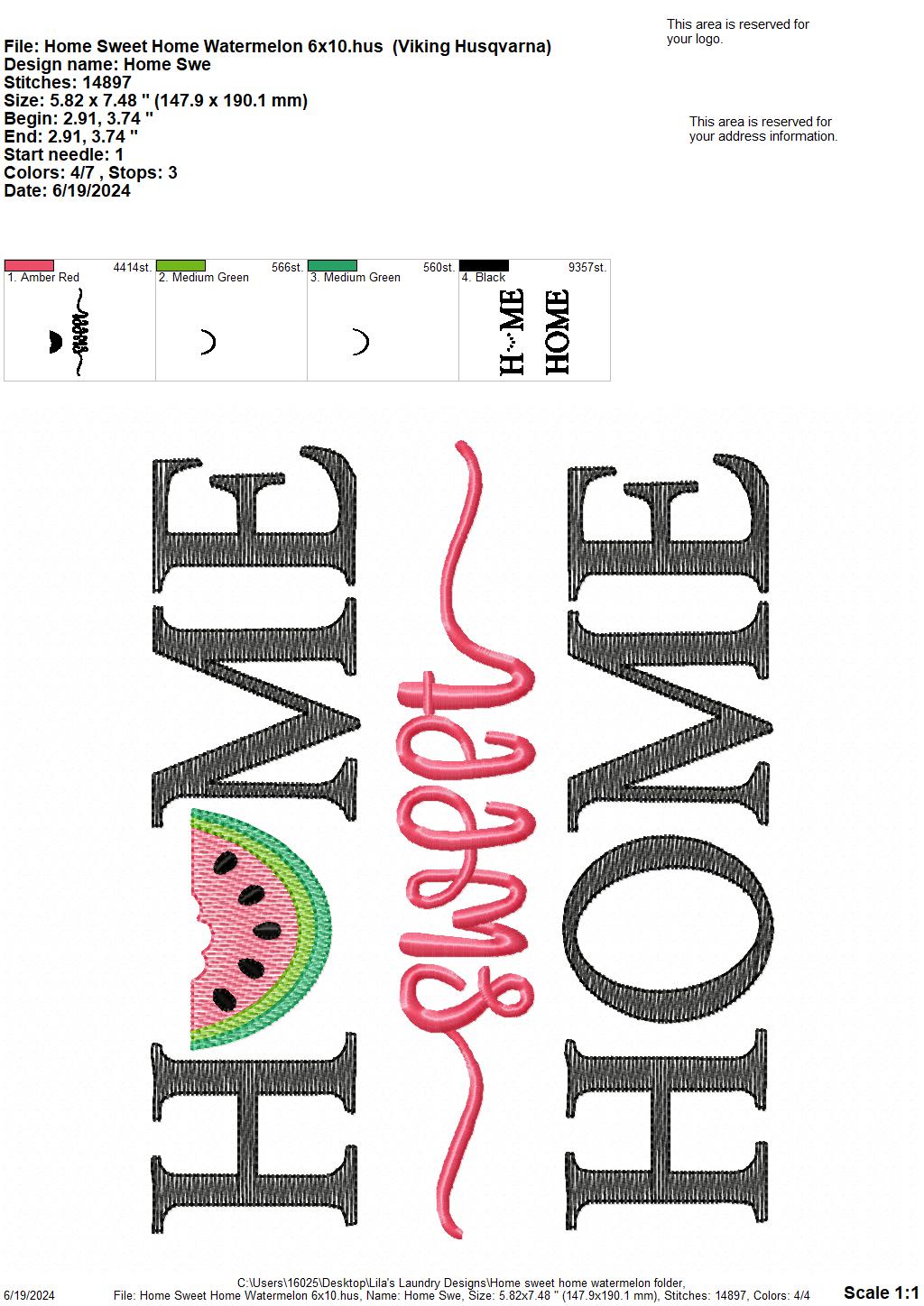 Home Sweet Home Watermelon - 4 Sizes - Digital Embroidery Design