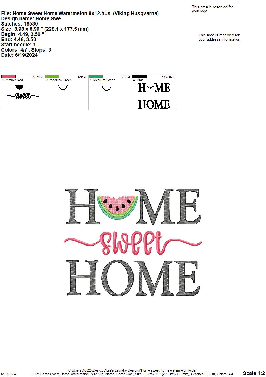 Home Sweet Home Watermelon - 4 Sizes - Digital Embroidery Design