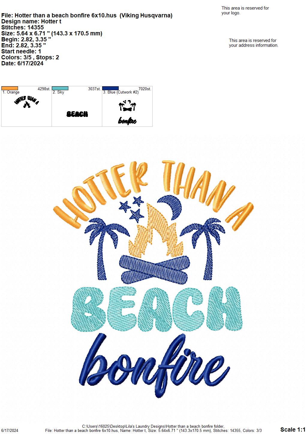 Hotter Than a Beach Bonfire - 3 Sizes - Digital Embroidery Design