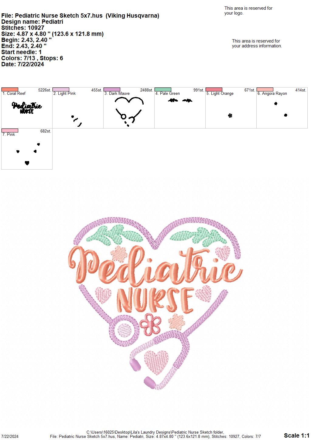 Pediatric Nurse Sketch - 3 Sizes - Digital Embroidery Design