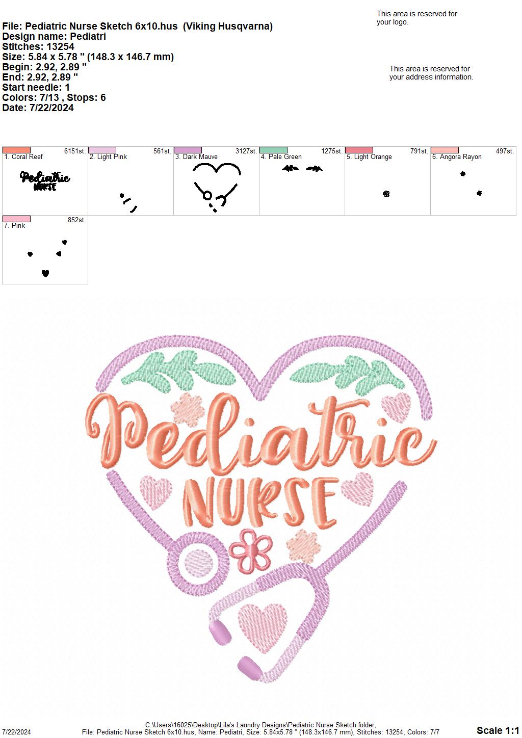 Pediatric Nurse Sketch - 3 Sizes - Digital Embroidery Design