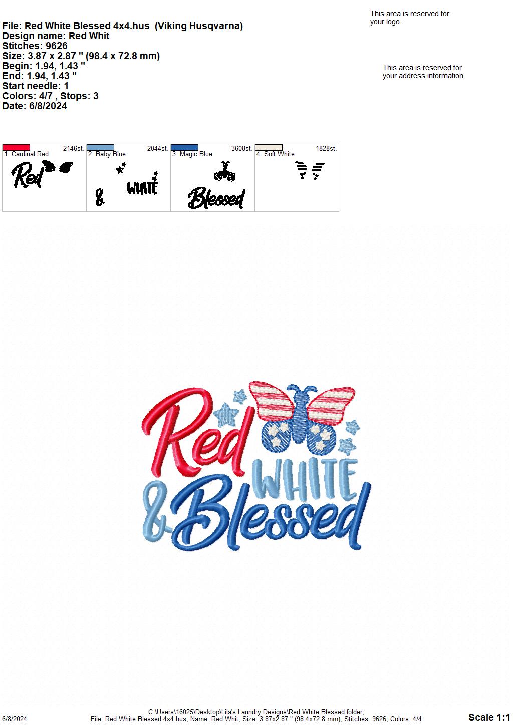 Red White Blessed - 4 Sizes - Digital Embroidery Design