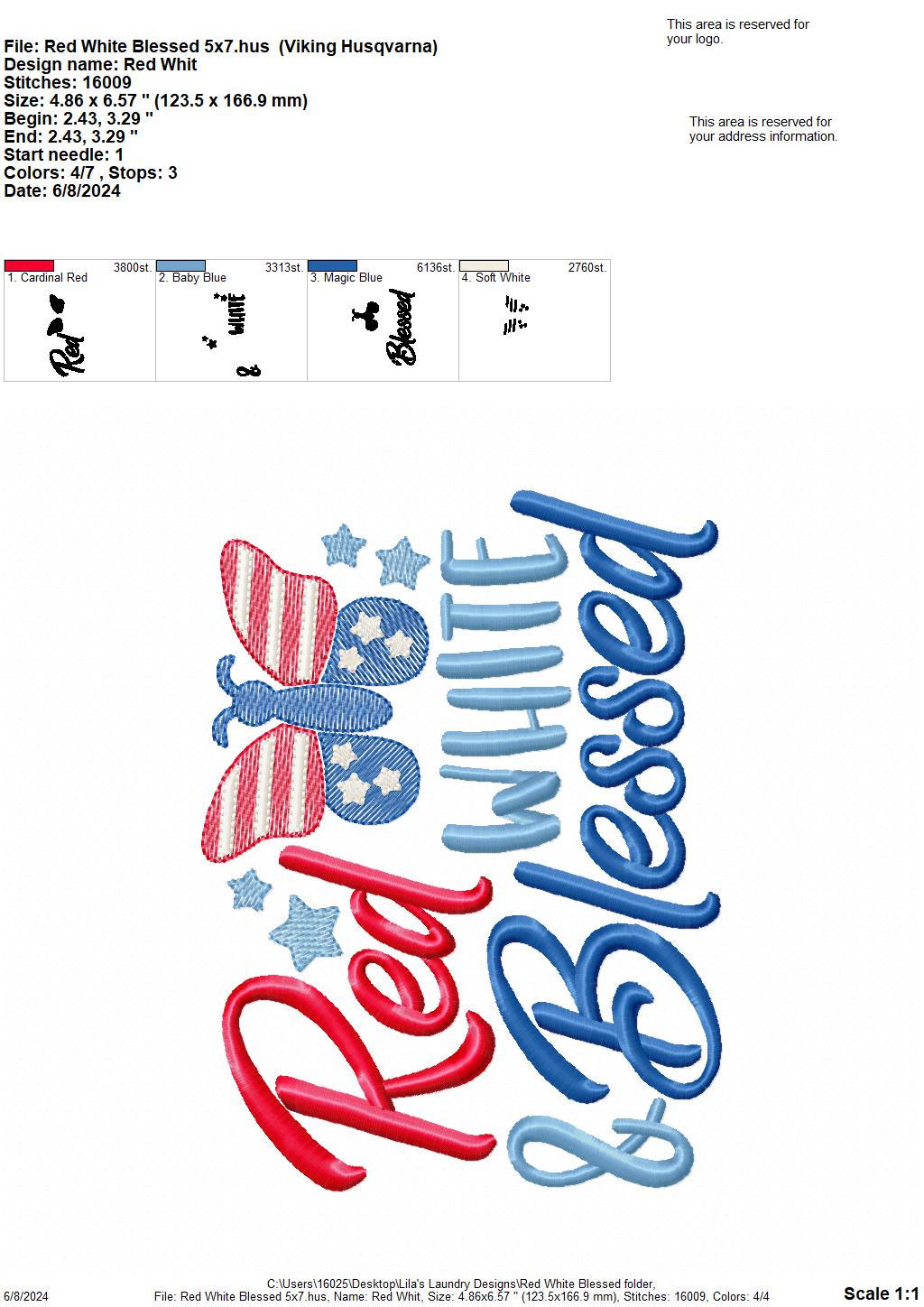 Red White Blessed - 4 Sizes - Digital Embroidery Design