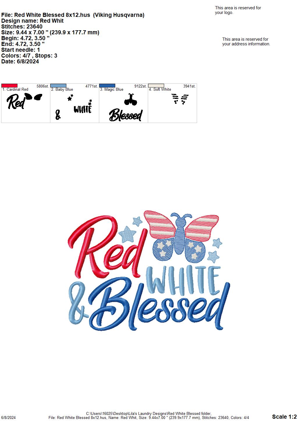 Red White Blessed - 4 Sizes - Digital Embroidery Design