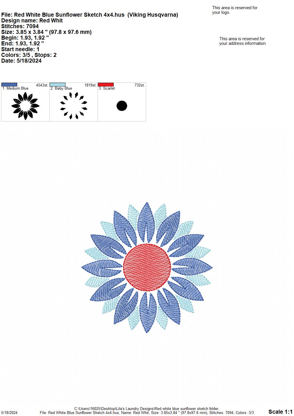 Red White Blue Sunflower Sketch - 4 Sizes - Digital Embroidery Design