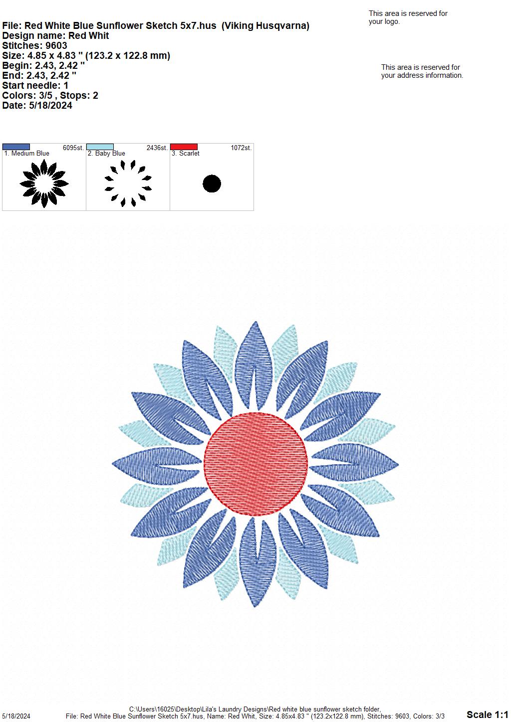 Red White Blue Sunflower Sketch - 4 Sizes - Digital Embroidery Design