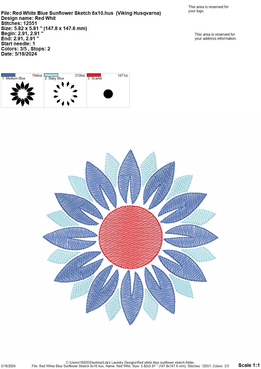 Red White Blue Sunflower Sketch - 4 Sizes - Digital Embroidery Design