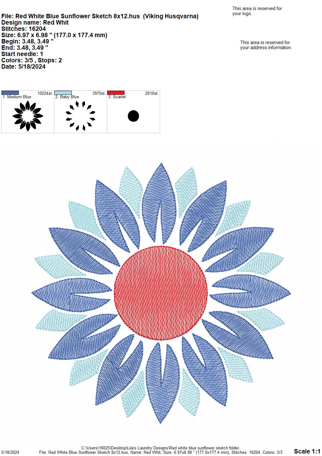 Red White Blue Sunflower Sketch - 4 Sizes - Digital Embroidery Design