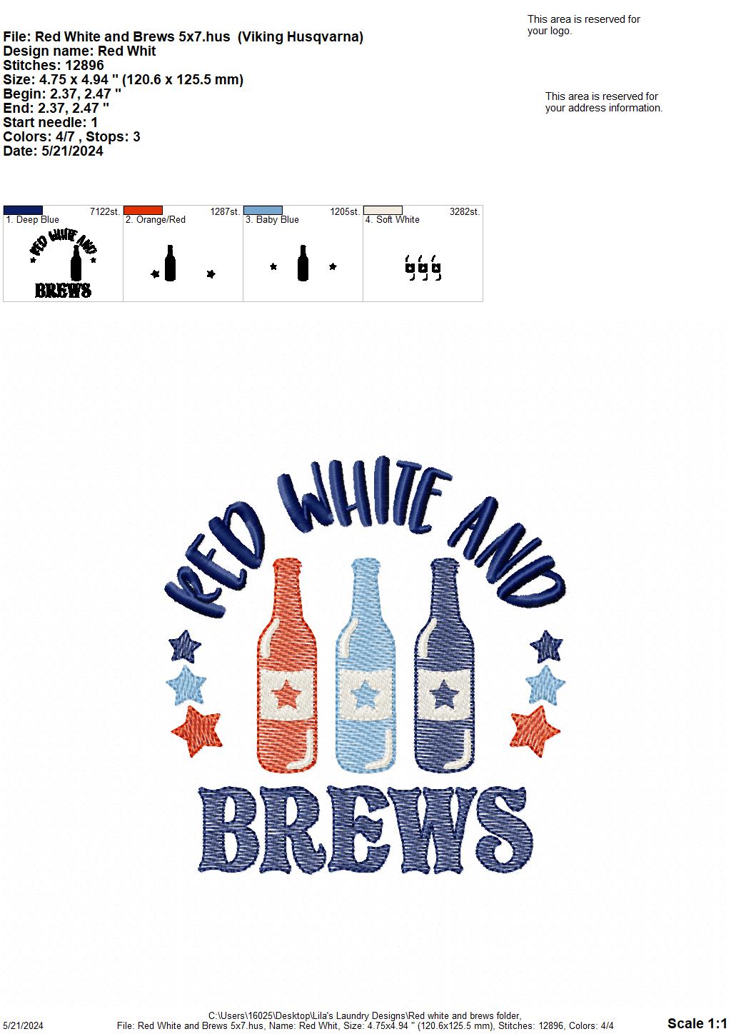 Red White & Brews - 3 Sizes - Digital Embroidery Design