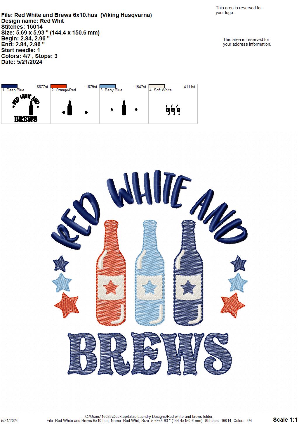 Red White & Brews - 3 Sizes - Digital Embroidery Design