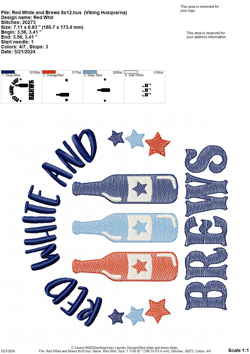 Red White & Brews - 3 Sizes - Digital Embroidery Design