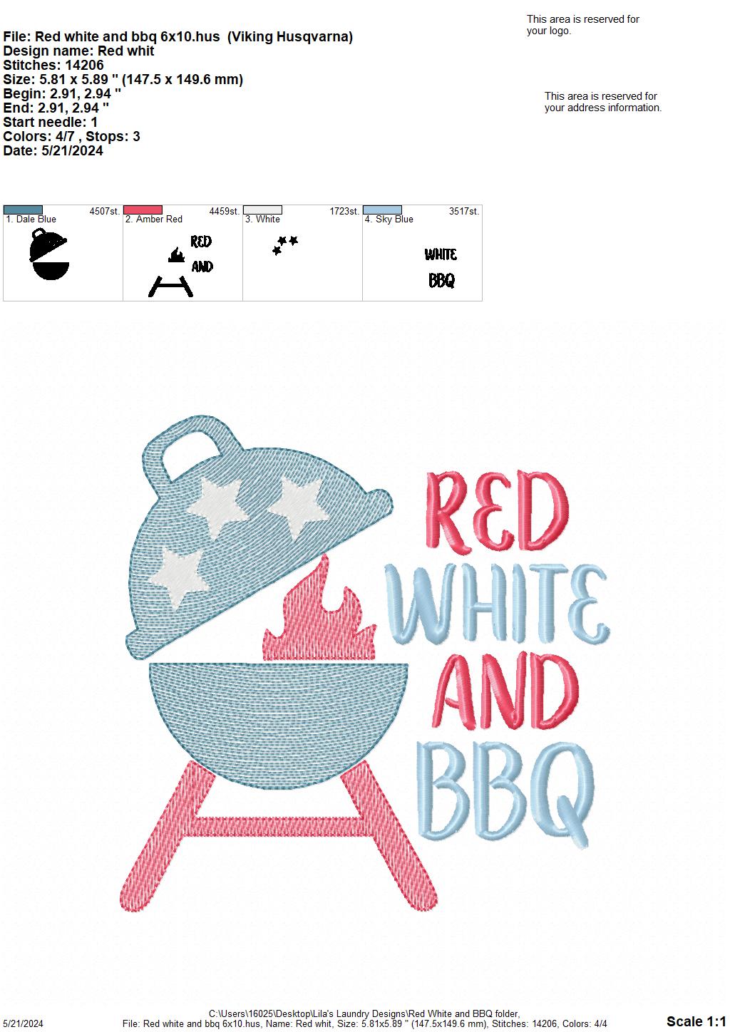 Red White & BBQ - 3 Sizes - Digital Embroidery Design