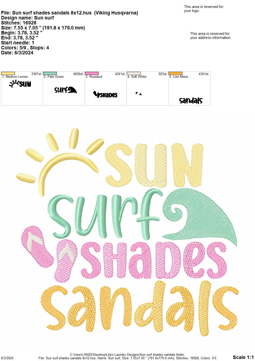 Sun Surf Shades Sandals - 3 Sizes - Digital Embroidery Design