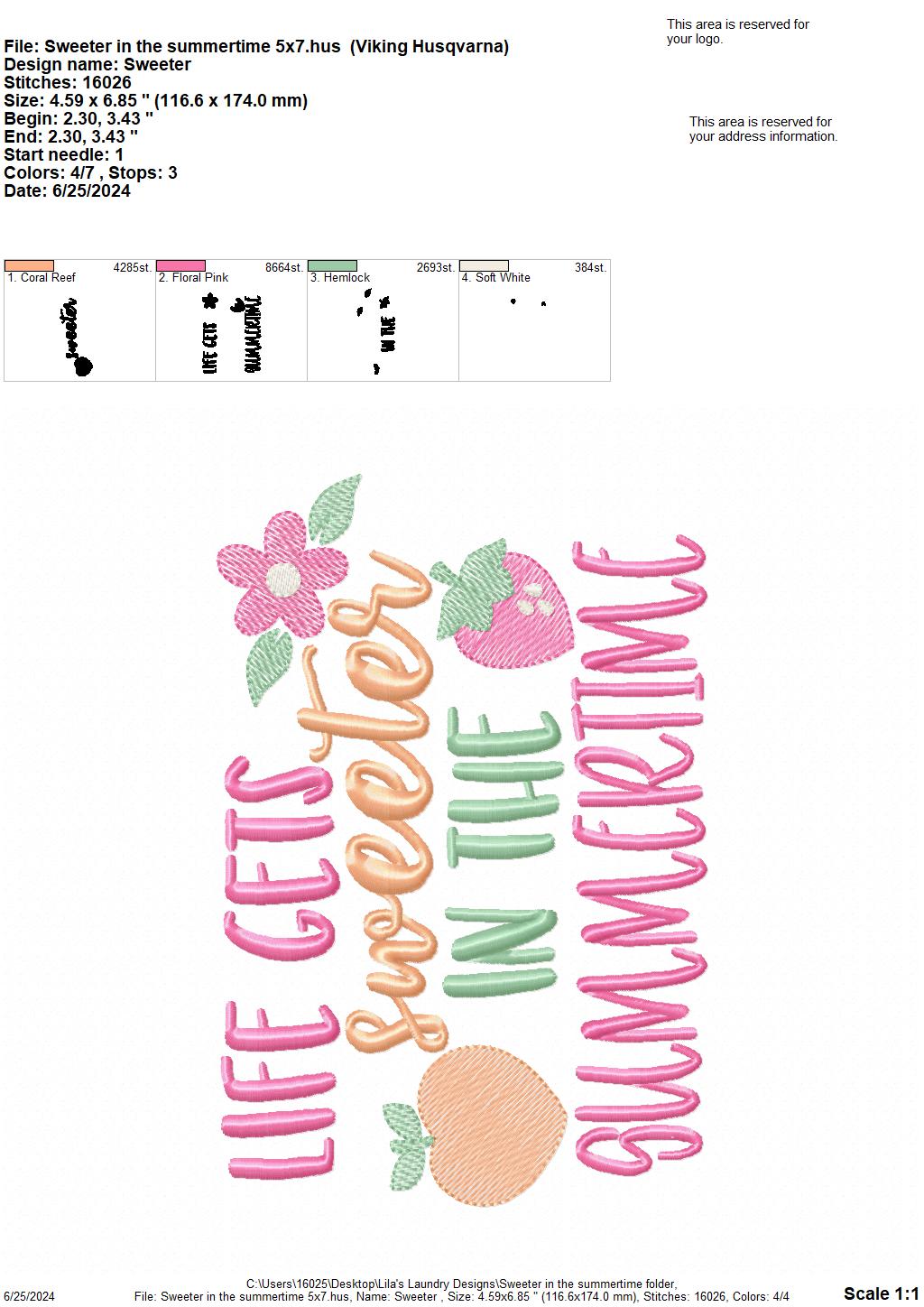 Sweeter in the Summertime - 3 Sizes - Digital Embroidery Design