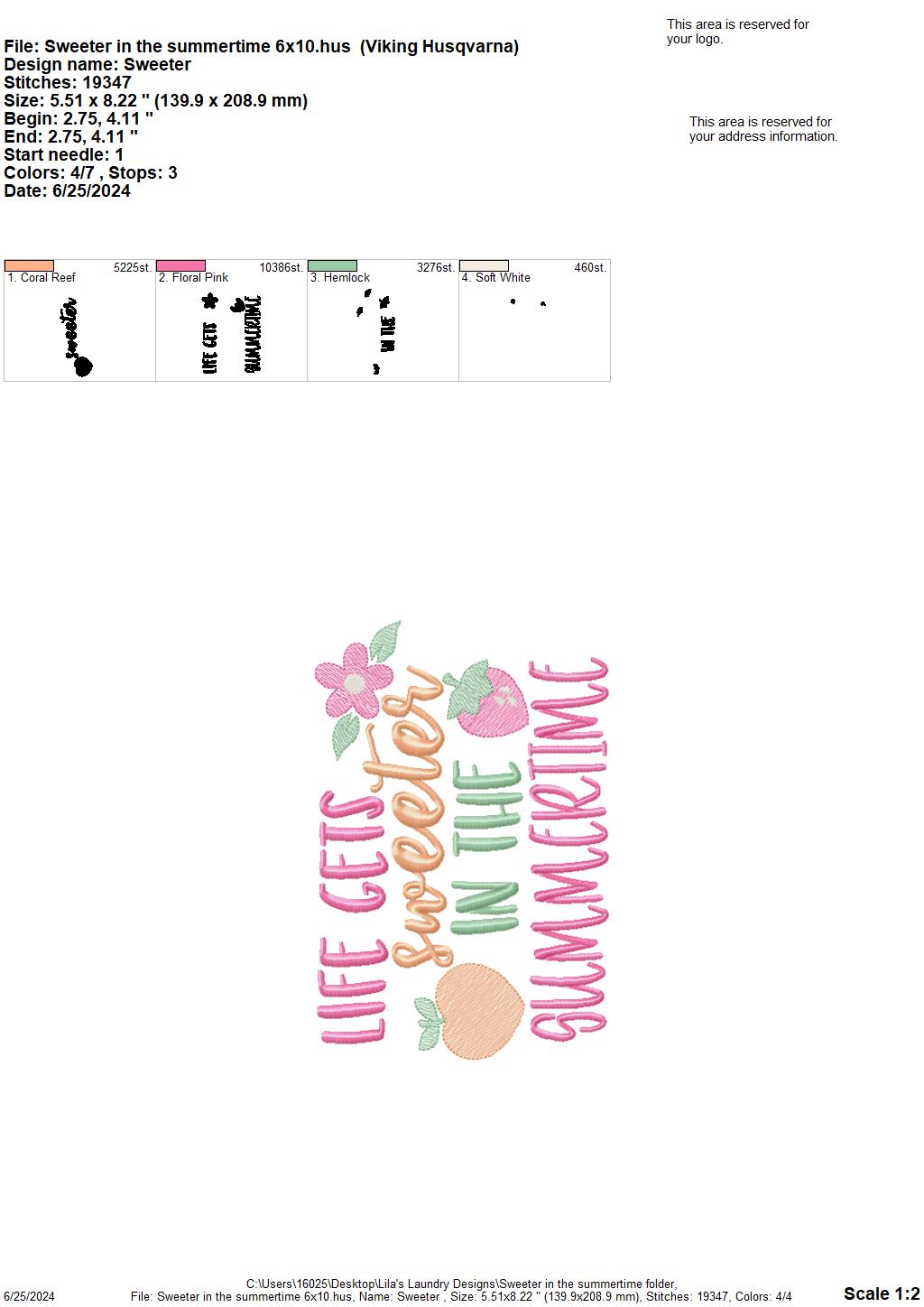 Sweeter in the Summertime - 3 Sizes - Digital Embroidery Design