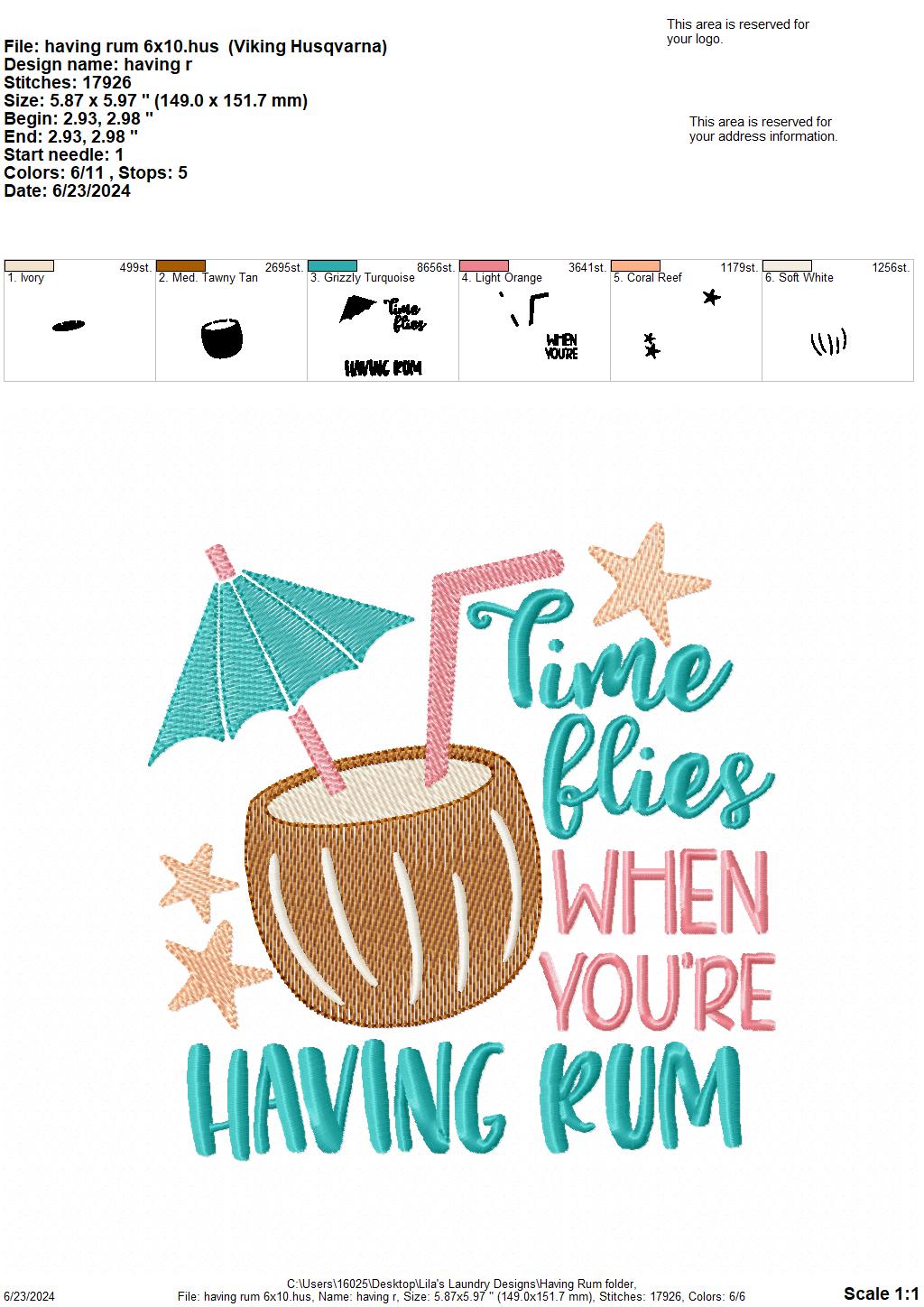 Having Rum - 3 Sizes - Digital Embroidery Design